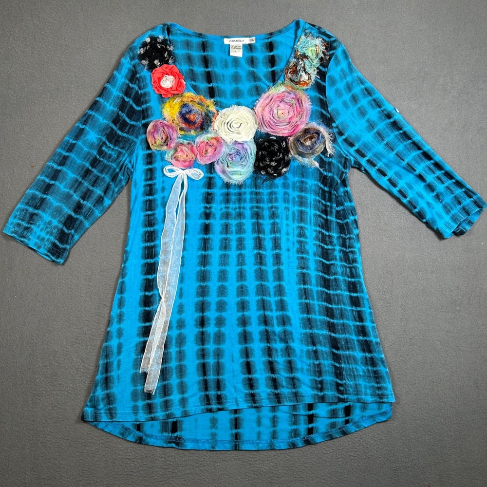 Feratelli Tunic Women L Blue Tie Dye 3D Floral Applique Roll Tab Sleeve Top